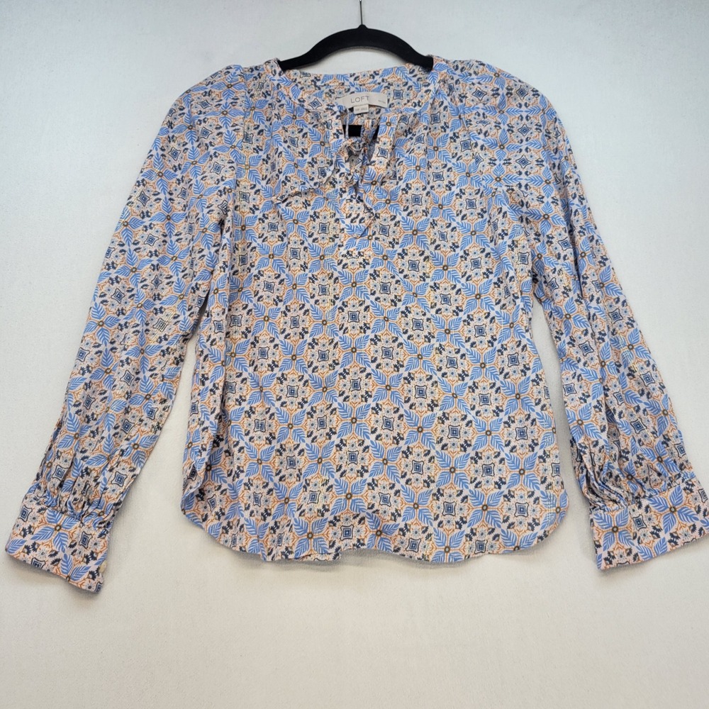 LOFT Blouse Womens XXSP Blue Orange Floral Tie Neck Long Sleeve